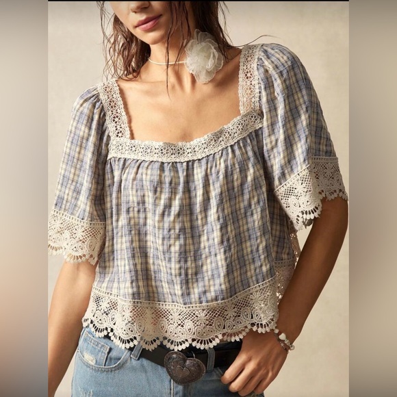 bohme Tops - Bohme Blue and Cream Plaid Lace-Trim Square Neck Blouse